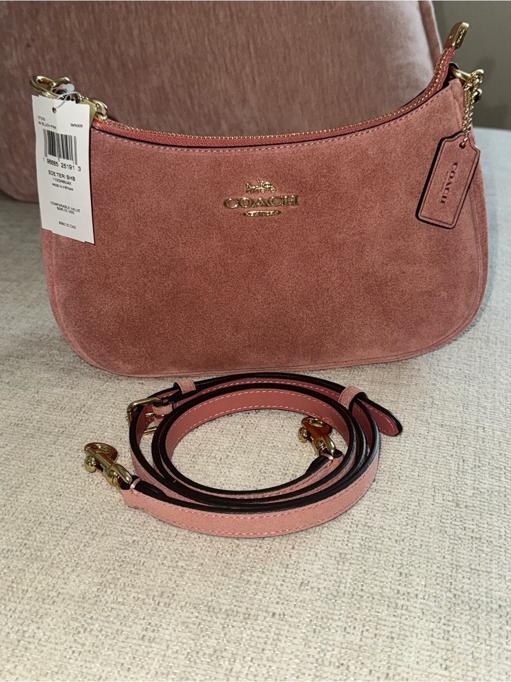 Coach Blush Pink Suede Teri Shoulder Bag with Gold Hardware